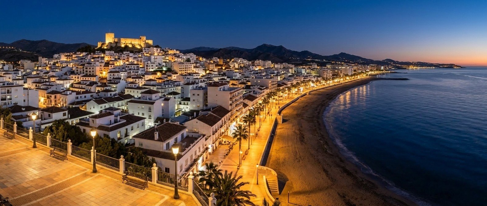 Vista panorámica del paseo marítimo y el skyline de Fuengirola al atardecer